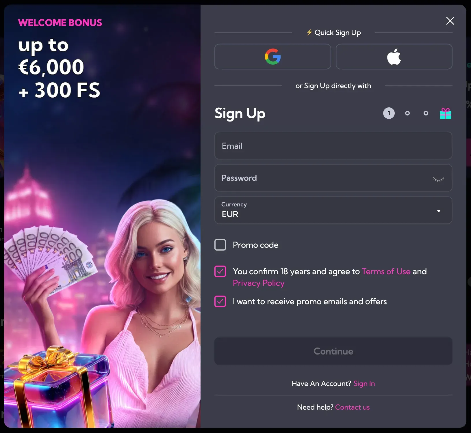 Spinalto Casino account registration and sign up page
